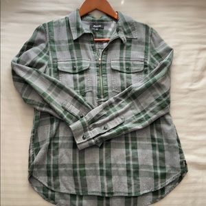 Madewell 1/4 zip grey and green flannel
